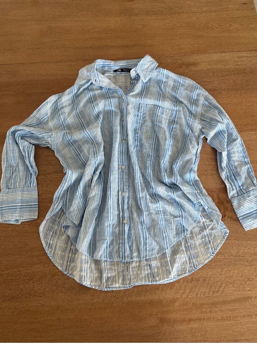 Zara Light Blue and White Striped Casual Button-Down Shirt